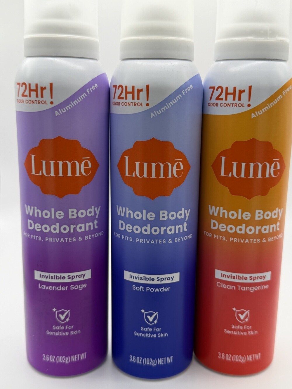 Lume Whole Body Deodorant Spray 3 Pack Lavender Soft Powder Tangerine Set